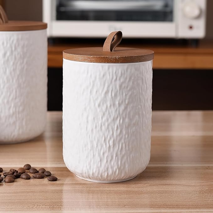 JOJUNO White Ceramic Canister Set with Wooden Lid, 3-Piece Airtight Food Storage Jars for Kitchen Counter - Flour, Sugar, Coffee, Tea, Spice - Small, Medium, Large Sizes - Stone Texture