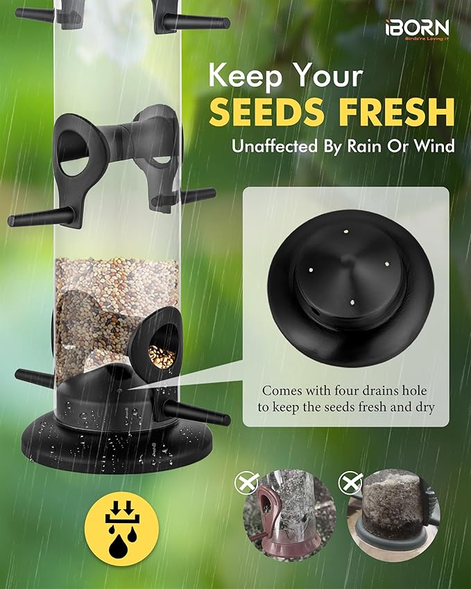 iBorn Metal Bird Feeder Hanging Wild Bird Seed Feeder for Mix Seed Blends Heavy Duty All Metal Black Finish,14 Inch 6 Port,Pack of 2