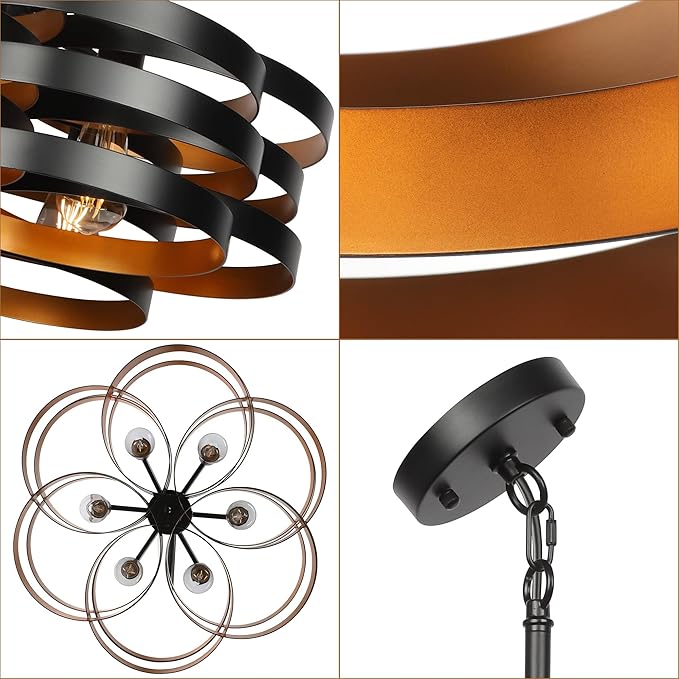 6-Light Modern Farmhouse Chandeliers for Dining Room, Rustic Multiple Rings Pendant Lighting, Industrial Metal Round Chandelier for Kitchen Entryway, Black with Gold Interior