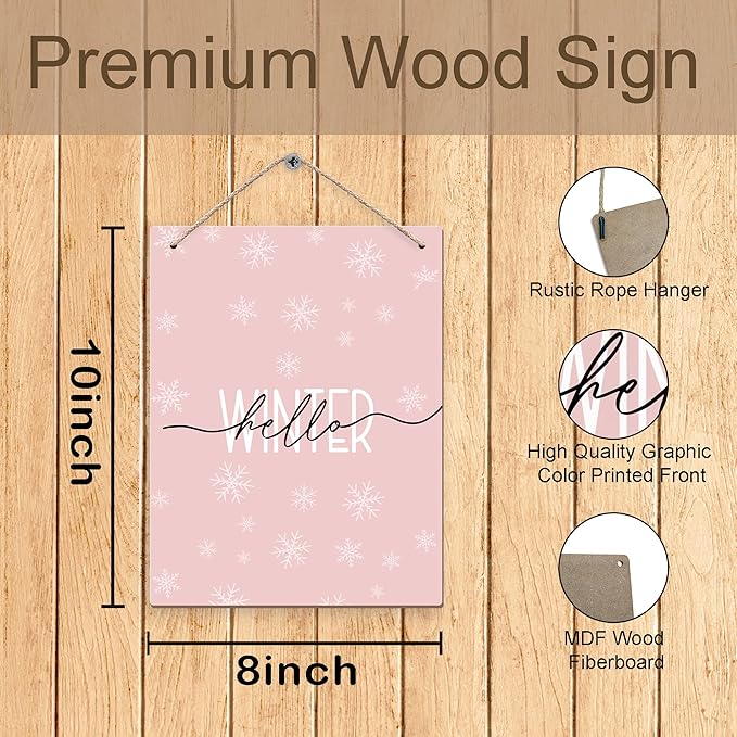 Pink Winter Snowflakes Wooden Sign, 10x8 inches, Rustic Wall Decor