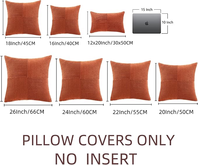 Fancy Homi Set of 2 Burnt Orange Decorative Throw Pillow Covers 22x22 Inch for Living Room Couch Bed, Boho Farmhouse Fall Home Decor, Soft Corss Corduroy Patchwork Textured Cushion Case 55x55 cm
