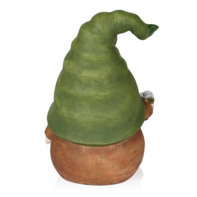 Alpine Corporation QWR1442 Outdoor Gnome with Green Hat Holding a Flower for Garden, Patio, and Lawn, 10" H, Multicolor