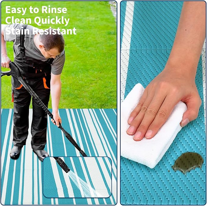 Outdoor Plastic Straw Rug 9x18 Waterproof Outside Rug, Large Modern Striped Reversible Floor Mats, Foldable & Lightweight Camping Carpet for Patio, Porch, Deck, Backyard, Balcony, Light Blue