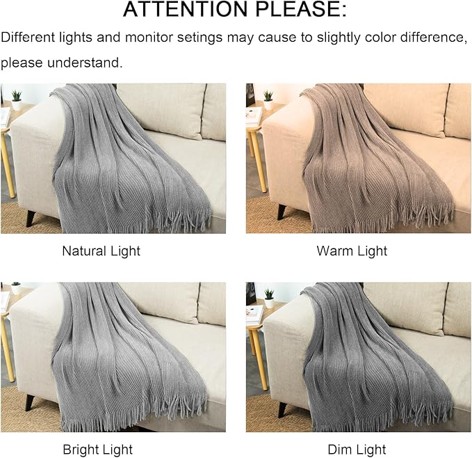 lifein Throw Blanket for Couch, Soft Boho Decor Bed Throw,Cozy Grey Knitted Chenille Small Farmhouse Lightweight Throw for Spring(Light Grey,50 * 60")