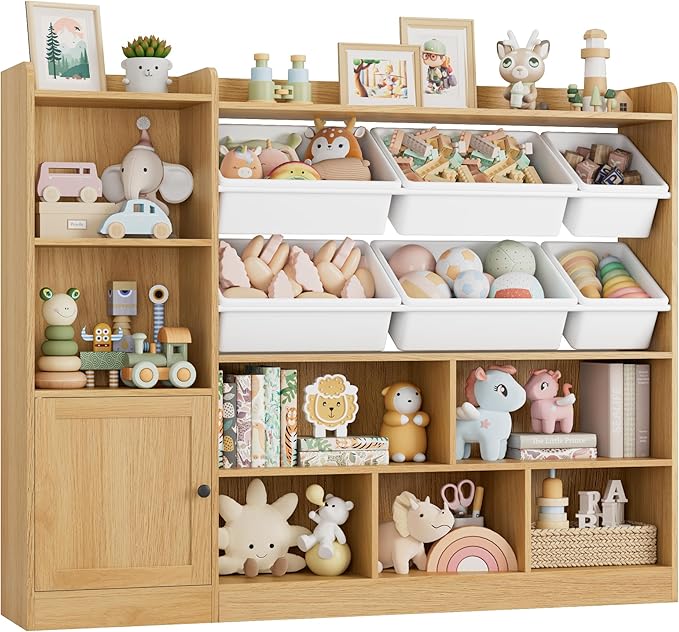 Toy Storage Organizer, 55” Wide Toy Organizers and Storage with 8 Storage Cubbies & 6 Toy Bins, Large Toy Box with Bookshelf, Playroom Storage for Playroom, Oak