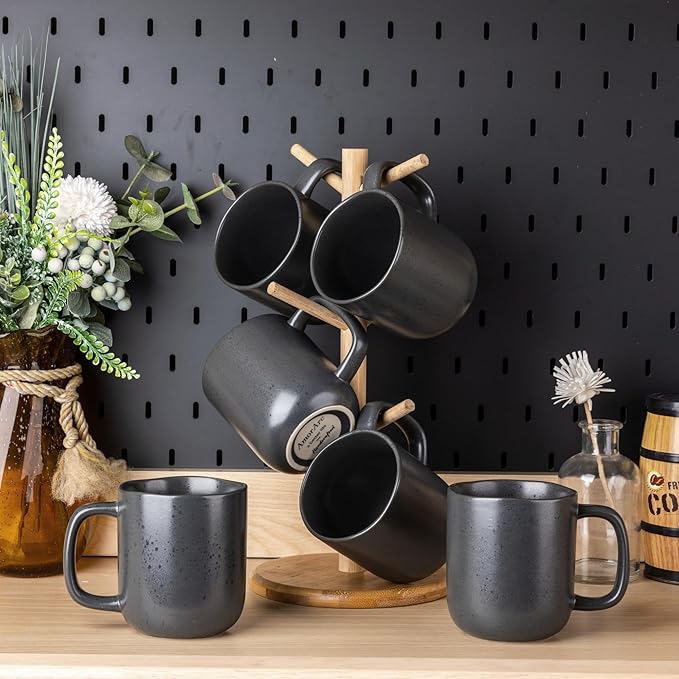 AmorArc 14oz Coffee Mugs Set of 6, Ceramic Coffee Mugs with Large Handle & Wavy Rim for Latte/Hot Cocoa/Tea, Stylish Coffee Cups for Men Women. Oven,Dishwasher&Microwave Safe, Dark Gray