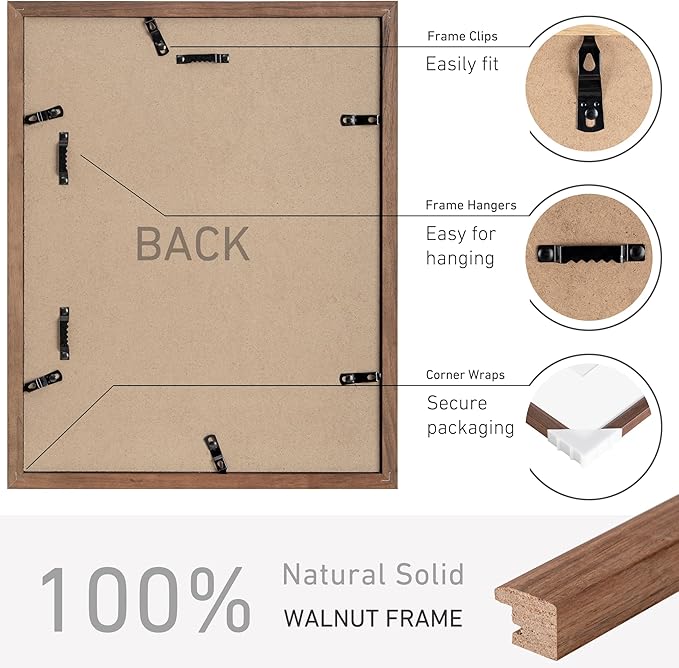 11x14 Picture Frame Natural Solid Walnut Photo Frames with 8x10 Removable Mat Wall Hanging Large Handcrafted Frame with HD Plexiglass Wall and Tabletop Display Large Poster Frame