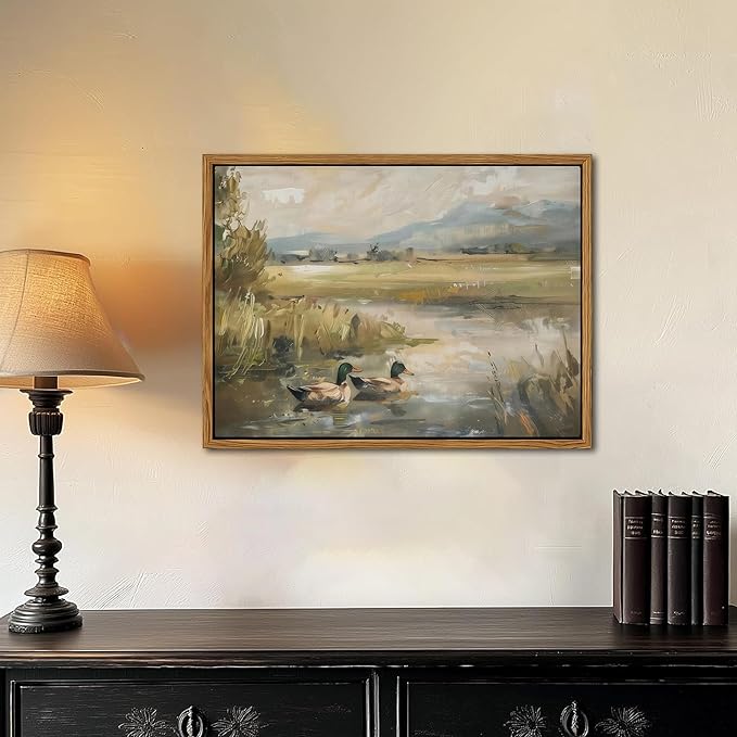 Floating Framed Canvas Wall Art, Vintage Mallard Duck Oil Paintings Print, Countryside Art Wildlife Nature Pond Wall Decor for Living Room, Bedroom, Office, Rustic Decor 12x16 inch