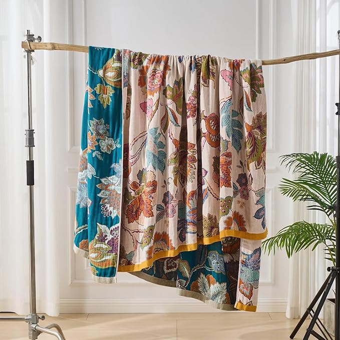 Boho Throw Blanket Reversible Muslin Bohemian Tapestry, Flower Decorated Bohemian Sofa Blanket, Lightweight Breathable 100% Cotton Throw Blanket, Chair Blanket, 50"x60"