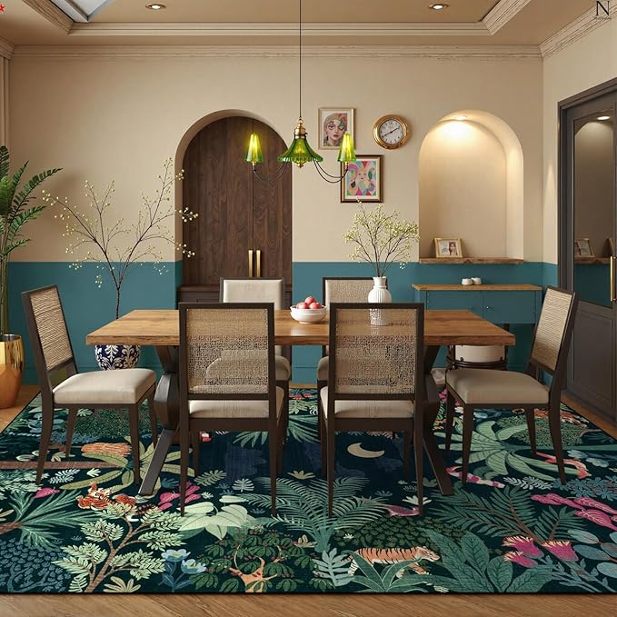 LIVEBOX Washable Bedroom Rug 8x10 Under Bed, Modern Stain Resistant Dark Green Botanical Rug for Living Room Playroom Kids Boy Room, Non-Slip Jungle Forest Print Rugs for Nursery Baby