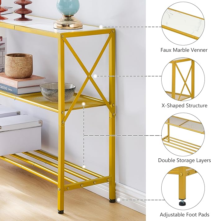 Hoctieon Gold Console Table, 3 Tier Entryway Table, Hallway Table, Narrow Sofa Table with Shelves, Entrance Table for Entryway, Gold and White