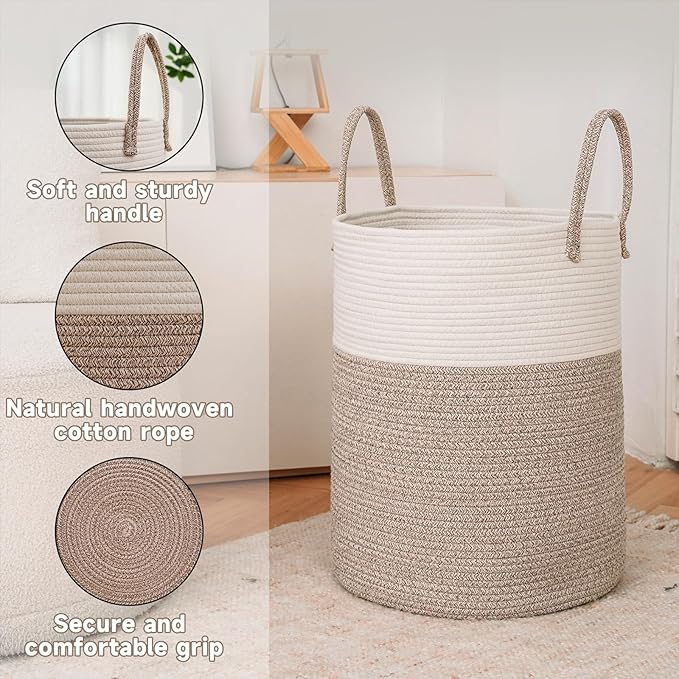 Large Woven Laundry Basket Hamper,80L Cotton Rope Storage Bin for Blankets,Toys and Clothes,Decorative Tall Nursery Hamper for Living Room,Baby Nursery,Bathroom and Bedroom,Brown