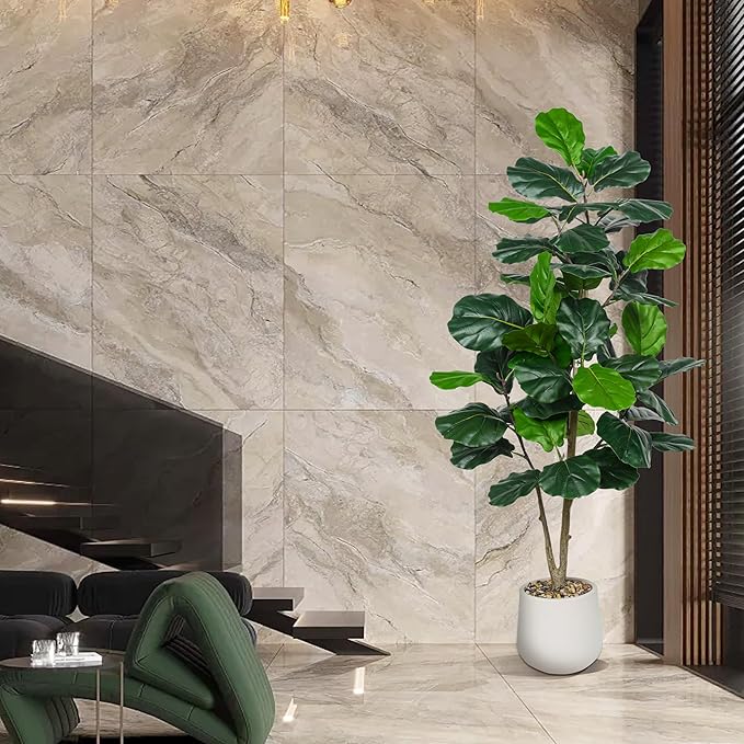 Artificial Fiddle Leaf Fig Tree 5FT, Large Realistic Faux Ficus Lyrata Plant with Pot Large Faux Plant for Indoor Outdoor Home, Office, Living Room, Bathroom Decor