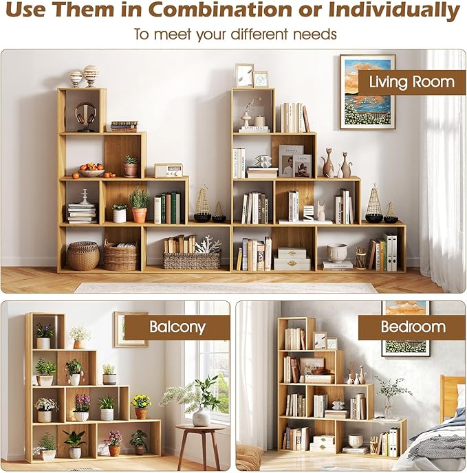 Tangkula 4-Tier Stepped Bookshelf, Freestanding 6 Cubes Ladder Bookcase with Anti-Tipping Kits, 64" Tall Modern Wooden Storage Display Rack for Home Office Living Room Study (1, Natural)