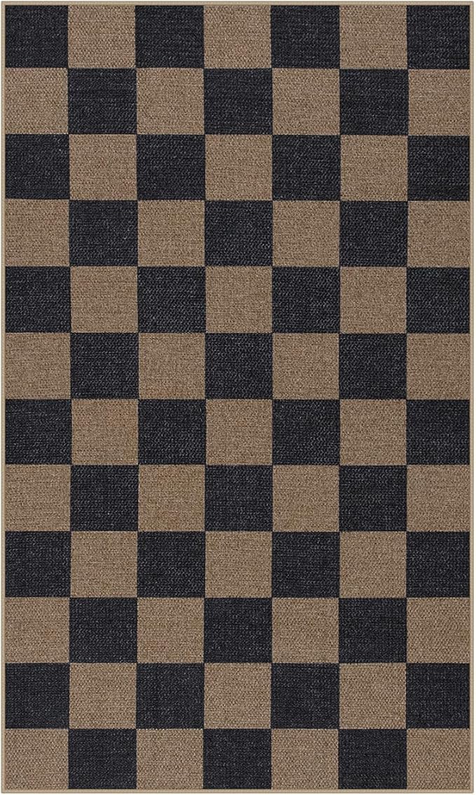 Lahome Checkered Easy Jute 3x5 Rug, Washable Rugs for Living Room Entryway Farmhouse Non Slip Black Outdoor Carpet, Checkerboard Indoor Door Mat for Entry Patio Deck