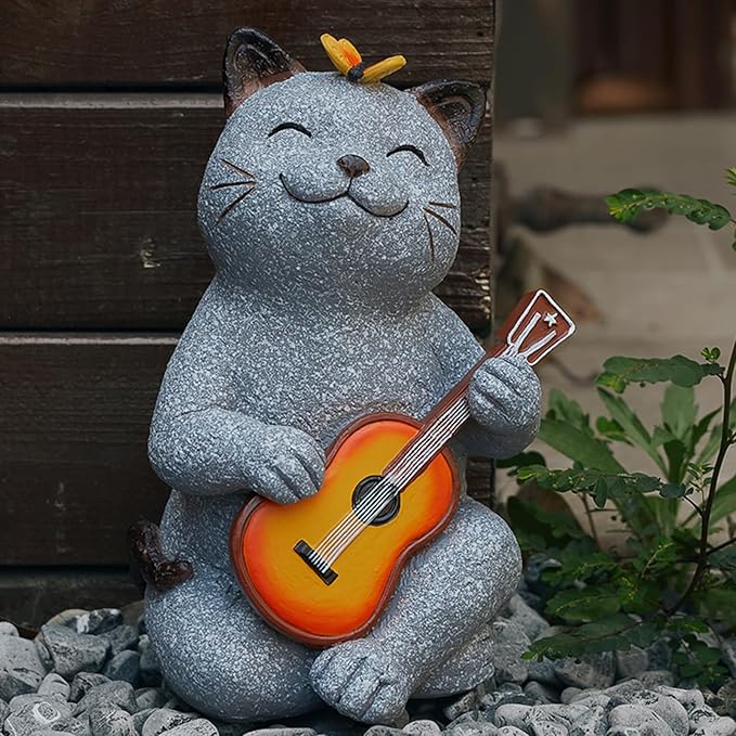 Cat Garden Statue Outdoor Decor, Cat Sculpture with Guitar and Butterfly for Yard Lawn Patio Balcony, Birthday Housewarming Gifts for Mom, Grandma, Women, 8.8 inch, Resin