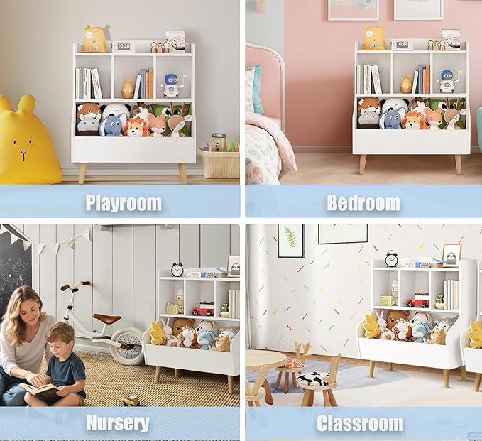 Kids Bookshelf and Toy Storage, 4-Cubby Toy Storage Organizer with Bookcase, Wood Kid Storage Cubby, 24"L x 14"D x 28"H Montessori Toy Shelf, Toddler Book Shelf for Kids Room Nursery Playroom