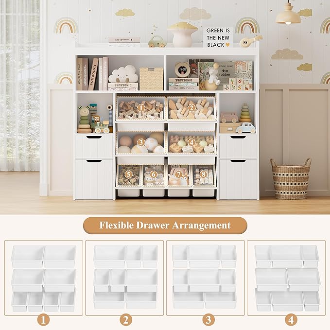 HORSTORS 55" W Toy Storage Organizer with Drawers, Large Kids Toy Storage Box with Removable Bins, Tall Kids Bookshelf and Bookcase for Boys and Girls, Modern Toy Chest for Playroom, Classroom, White