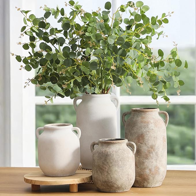 Ceramic Flower Vase Home Decor - 7.6 Inch Farmhouse Rustic White Table Vases with Handle Living Room Decoration Decorative Vintage Pottery for Kitchen Shelf Coffee Dining Desk Bookshelf Fireplace