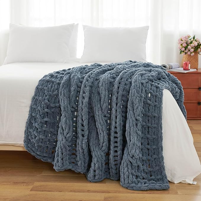 Esterra Chunky Knit Blanket Throw 50"x60", 100% Hand Knitted Chenille Throw Blanket, Cozy Soft Thick Cable Knit Throw Large Rope Knot Crochet Throw Blanket for Sofa Couch Bed, Blue Mirage