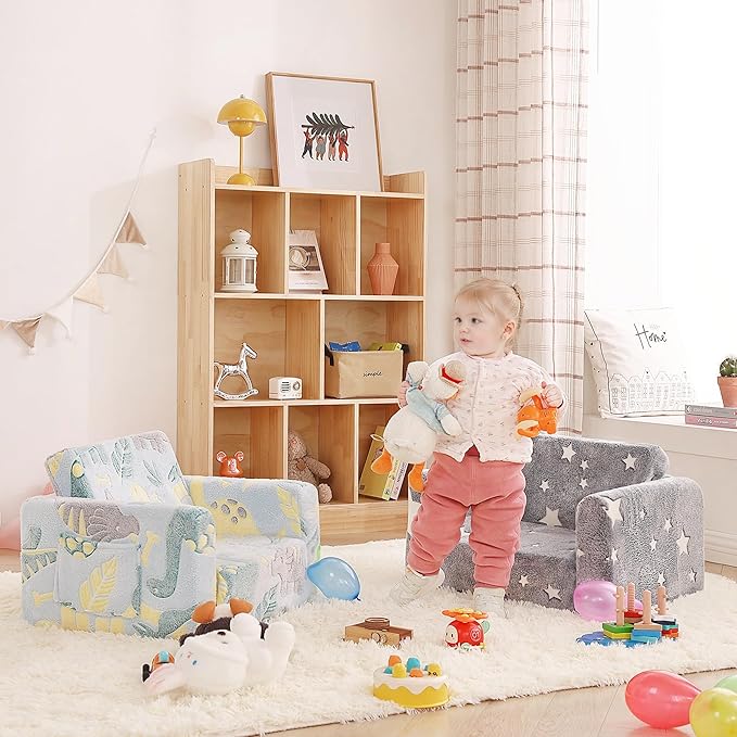 Toddler Chair Kids Couch, 2-in-1 Toddler Soft Sherpa Couch Fold Out Armchair Glow in The Dark with Removable Cover, Convertible Reading Chair Sofa for Kids, Plush Green Dinosaur