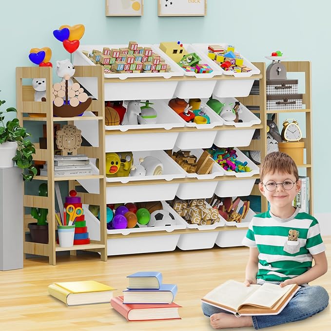 Toy Storage Organizer, with 4-Tier Toy Shelf and 12 Bins, Kids Bookshelf and Toy Storage with 6 Shelves for Kids Room Bedroom Playroom Nursery Room