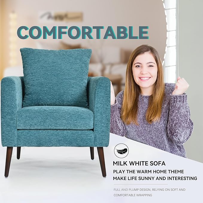 Barrel Accent Chair Set of 2 with Back Pillow, Large Upholstered Armchair with Solid Wood Legs Modern Reading Chairs for Living Room Bedroom