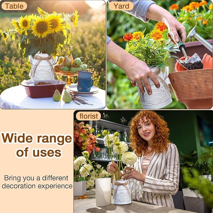 6 Inch Farmhouse Vase Decor Milk Can Vintage Flower Jug Galvanized Metal Vase with Handle Rustic Flower Buckets for Thanksgiving Christmas Table Centerpiece Weddings Gifts(Retro White,4 Pcs)