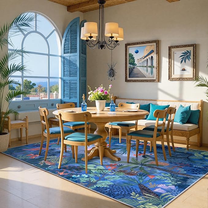 LIVEBOX Jungle Animal Print Dining Room Rugs for Under Table, Soft Modern Rug for Living Room, Washable Kids Rugs for Boy Bedroom, Non-Skid Blue Kids Carpet Playmat Rug for Play