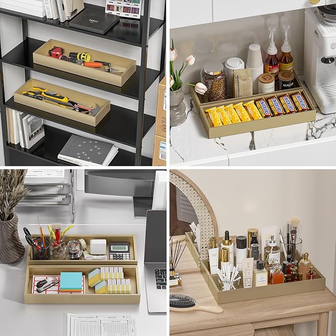 Bamboo Drawer Organizer - Extra Large Silverware & Utensil Organizer, 2 Pcs Toilet Toppers, Wooden Toilet Paper Basket (Gold, 17 X 6 X 2 Inch)