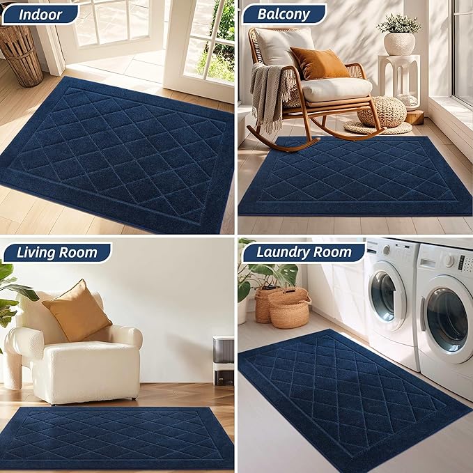 BEQHAUSE Dirt Trapper Door Mat 20" x 32", Doormat Non-Slip Entryway Rugs Washable, Dog Door Mat Stain Resistant and Absorbent Welcome Floor Mat for Front Back Door, Muddy Wet Shoes & Paws, Navy Blue