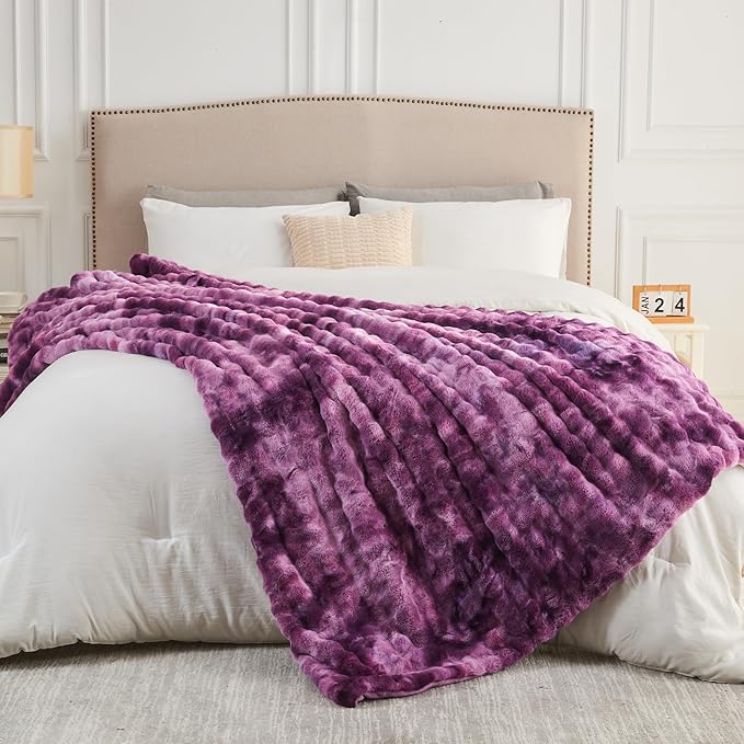 NEWCOSPLAY Faux Fur Throw Blanket Tie-dye Violet Purple Luxury Fluffy Thick Warm Bubble Blanket for Couch Sofa Bed 700GSM (Tie-dye Violet Purple, Throw(50"x60"))