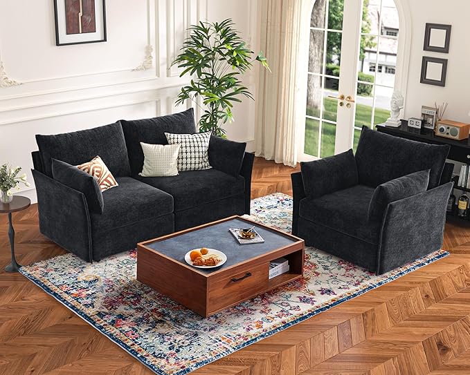 Luxury Modular Sectional Sofa, L-Shaped 3-Seat Couch with Storage Ottoman Deep Seat & Reversible Chaise Lounge Chenille Black for Compact Spaces, Apartments, Dorm