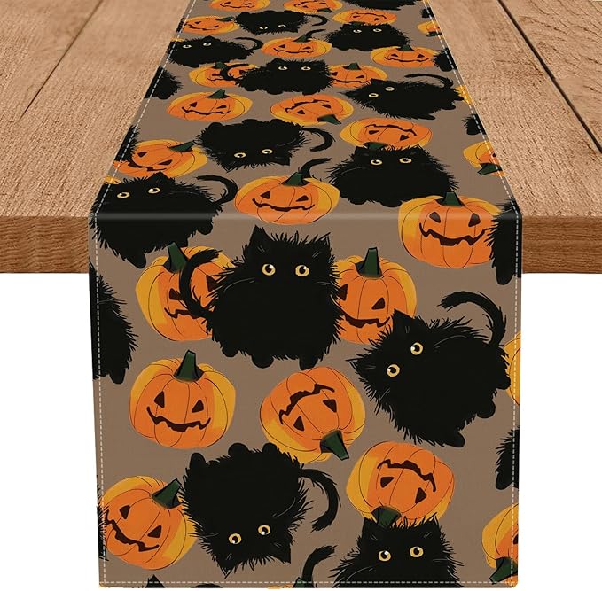 Halloween Table Runner Black Cat Pumpkins Seasonal Kitchen Dining Table Home Outdoor Party Decorations 13x120 Inch