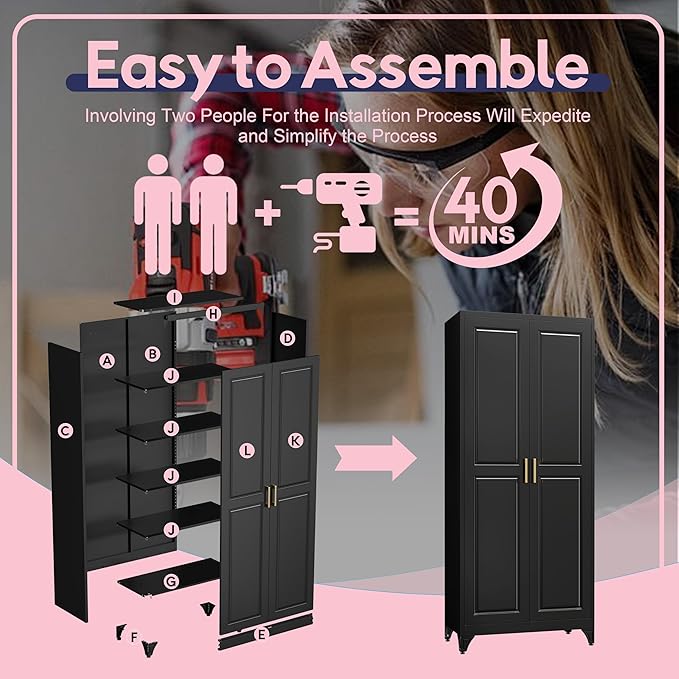 75" Storage Cabinet, Metal Pantry Cabinet, Kitchen Pantry Storage Cabinets with Doors and 4 Shelves, Cabinets for Laundry Room, Living Room, Dinning Room, Assembly Required, Black