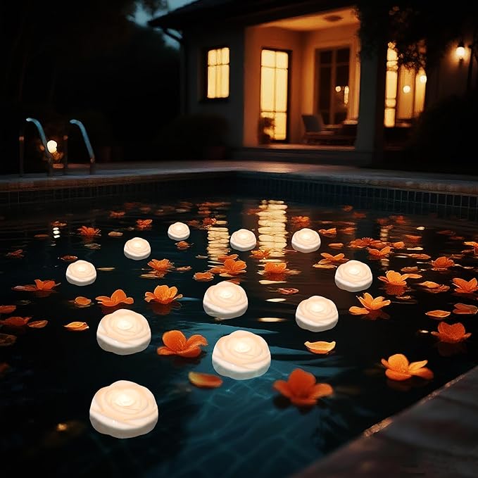 Aignis 6pcs Flameless LED Floating Candles, White Rose Plastic Tealights Battery Operated, 120+ Hours Glow Time, Cozy Light for Romantic Pool/Bathtub/Hot Bath/Wedding Centerpiece Decor(D2.83*H1.42)