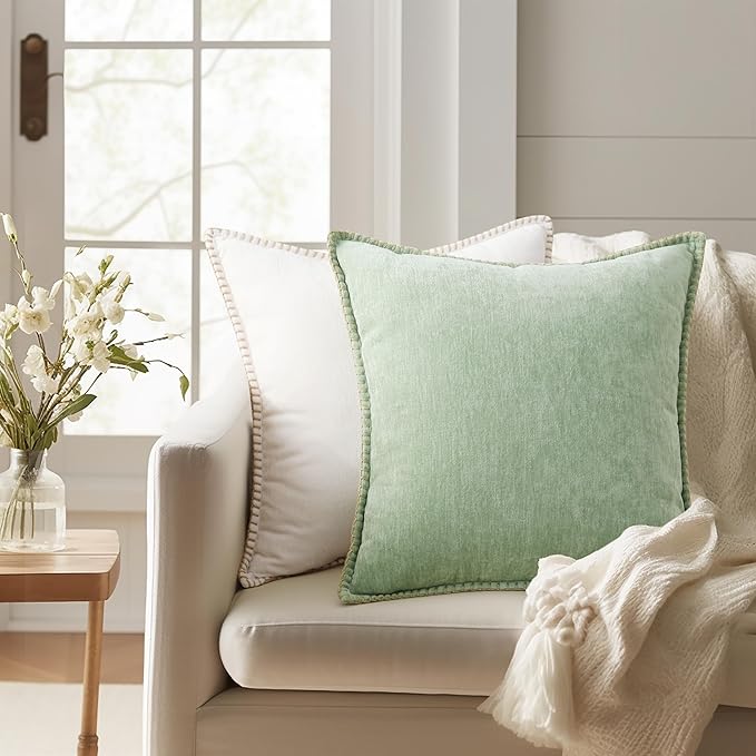 decorUhome Chenille Soft Throw Pillow Covers 22x22 Set of 2, Farmhouse Velvet Neutral Decorative Euro Pillow Covers with Stitched Edge for Couch Sofa Bed Home Decor, Sage Green