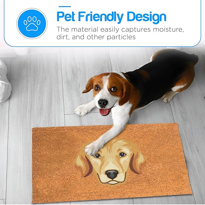 PLUS Haven Coco Coir Door Mat with Heavy Duty Backing, Natural Welcome Bull Dog Doormat, 17.5”x 30” for Entrance, Front Porch, Easy to Clean Entry Mat, Outdoor and Indoor Uses