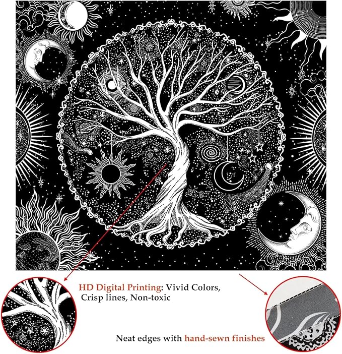 AACKart Tree of Life Tapestry for Bedroom Aesthetic Room Decor-Black and White Spiritual Tree Tapestry Wall Hanging with Sun Moon Star 78.7×59.1 inches