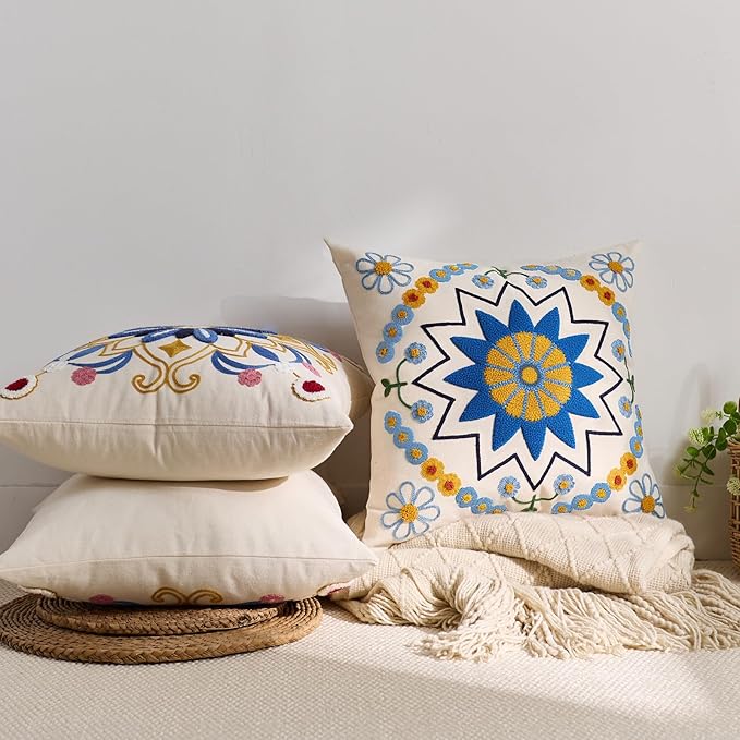 Embroidered Throw Pillow Cover 18x18 Classic Boho Floral Pattern Pillows Cover Outdoor Decorative Pillowcase,Durable Cozy Textured Cushion Case for Sofa Couch Bed Living Room,Blue Orange