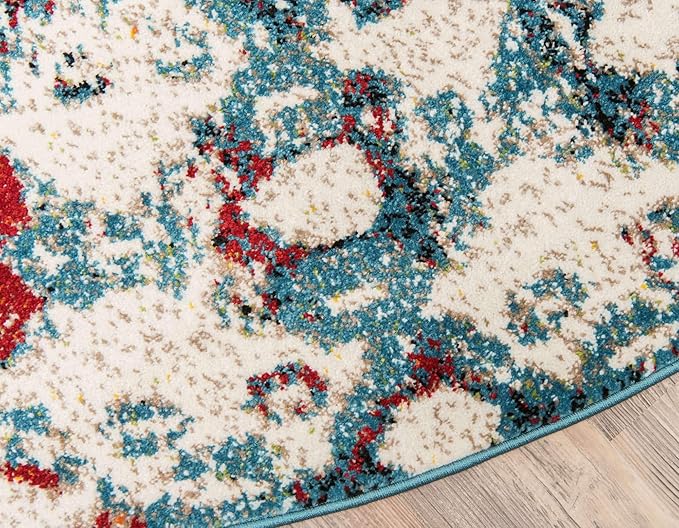 Unique Loom Rosso Collection Vintage, Geometric, Bohemian, Traditional, Distressed, Southwestern Area Rug, Round 4' 0" x 4' 0", Multi/Ivory