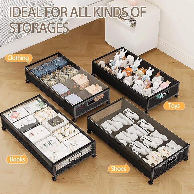 Under Bed Storage Containers with Wheels, 2 Pack Underbed Shoe Storage Organizer with Removable Lids, Large Rolling Under Bed Storage Dresser Drawers for Clothes Toys Shoes Blankets