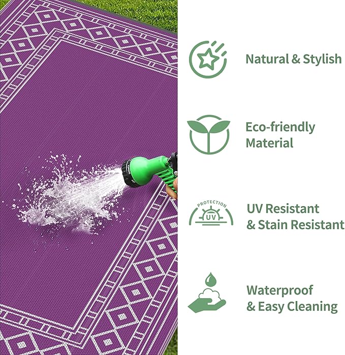 GENIMO Outdoor Rug Waterproof 6'x9' for Patio, Foldable Reversible Plastic Straw Carpet for Travel Trailers, Outside Area Mat for Rv, Deck, Picnic, Porch, Camper, Balcony, Beach, Purple & Grey