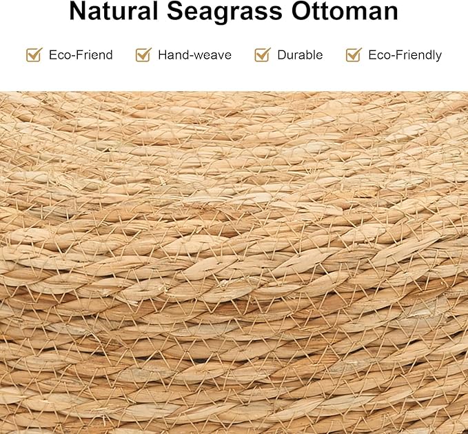 Pouf Ottomans, Handwoven Natural Straw Footstool, Round Braided Outdoor Patio Stool with Wood Frame, Boho Decor Accent Seat Balcony, or Garden (Natural)