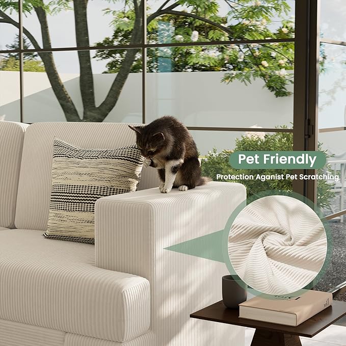 89" White Corduroy Sofa for Living Room, 3 Seater Cloud Couch, Deep Seat Floor Couch for Bedroom, Futon Modern Sofa Bed, White Corduroy