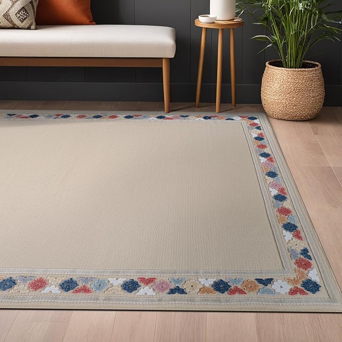 Beverly Rug Outdoor Rug 5x7 Modern Bordered Area Rugs for Indoor and Outdoor Patio Easy to Clean Non Shedding Living Room Porch Garden Washable Outside Carpet (5 x 7 Beige)