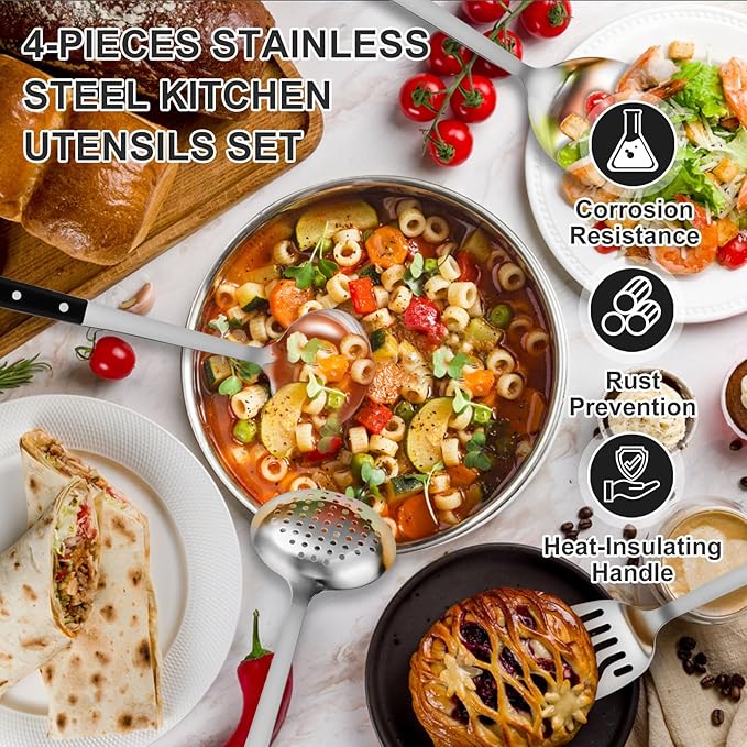 Pleafind 4-Pcs Cooking Utensils Set, Stainless Steel Kitchen Utensils, Mirror Polished Kitchen Essentials Set Include Wok Ladle, Slotted Spoon, Wok Spatula &Slotted Spatula, Dishwasher Safe