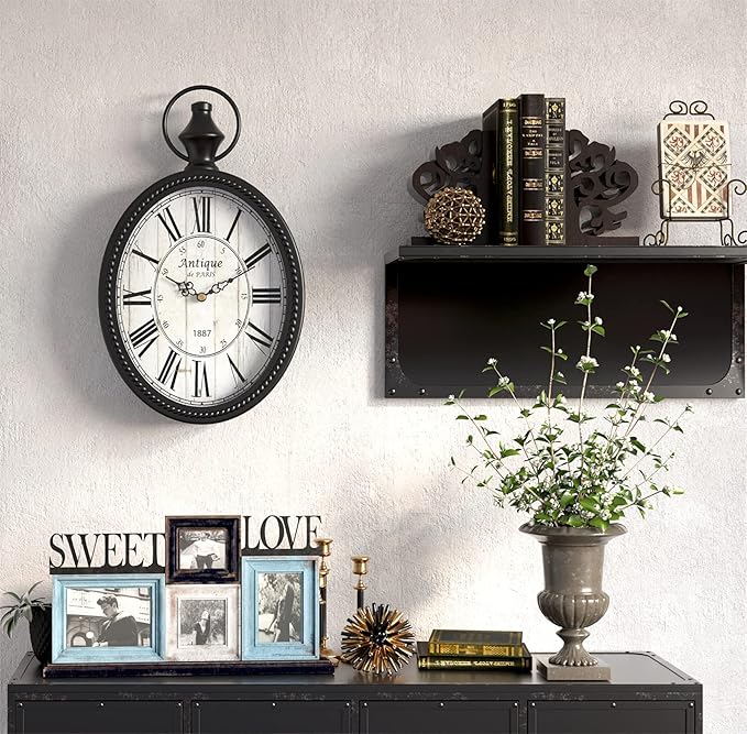Menterry Small Retro Oval Wall Clock, Antique Old Design, Black Vintage Style, Battery Operated Silent Decor Wall Clocks for Kitchen,Bedroom,Farmhouse,Bathroom (11.2" H x 6.7" W)