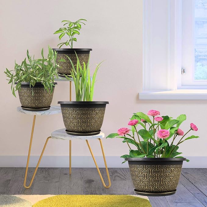 10 Inch Plant Pots, 4 Pack Flower Pots Outdoor with Drainage Holes & Trays, Retro Antique Imitation Decorative Garden Plastic Pots for Plants Indoor Sets for Houseplants