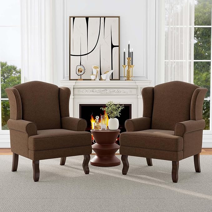 Accent Chair, High Back Upholstered Armchair with High Resilience Sponge & Wood Legs, Mid-Century Modern Comfy Single Sofa Reading Chairs for Living Room, Bedroom (Brown, Set of 2)